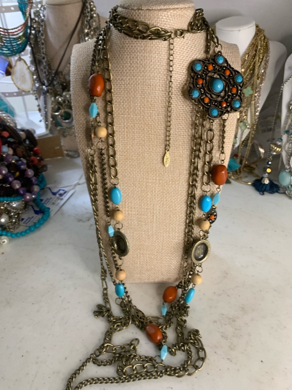 Latasia Boho Multi-Strand Turquoise & Coral Necklace with Antique Gold Accents